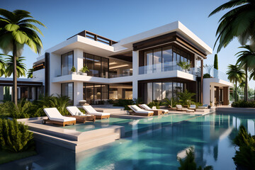 Fototapeta na wymiar Modern home with swimming pool and beautiful garden, modern house exterior design, ai generated 