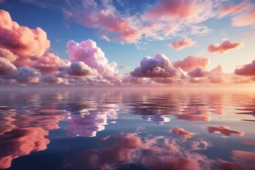 Fototapete Reflection A photograph capturing a serene lake where water turns into liquid crystal, reflecting a sky filled with fluffy, pastel-colored clouds. Concept of reflective pastel waters. Generative Ai.