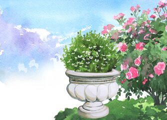 Watercolor flowers in a vintage pots. Illustration of victorian summer landscape. English garden hand drawn card or book cover.