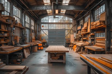 Inside a bustling factory, the wooden floor is strewn with tools and furniture, inviting exploration into the art of building and creating - obrazy, fototapety, plakaty