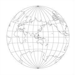 Simplified Map of World in the circle focused on Asia and Australia. Latitude and longitude grid. Van der Grinten projection. Thin black line wireframe vector illustration