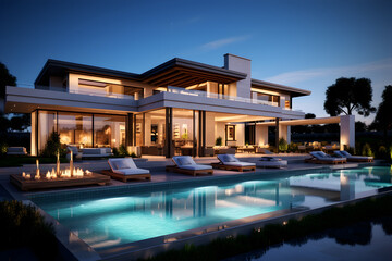 Fototapeta premium modern villa apartment with swimming pool view at night