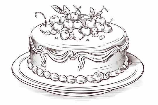A monochromatic drawing presents a cake topped with cherries, set on a detailed platter. This image is suitable for baking guides or culinary art demonstrations.