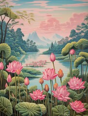 Vintage Water Lily Scenic View: Floating Lotus Ponds Painting