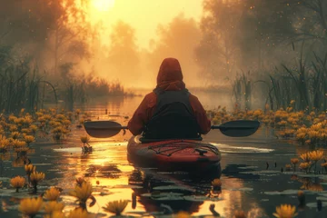 Fotobehang A serene lakeside scene featuring a kayaker surrounded by floating wetland plants, illustrating the concept of natural water purification and the importance of preserving aquatic. Generative Ai. © Sebastian