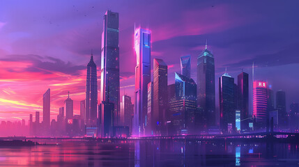 Fototapeta na wymiar A futuristic city skyline at dusk, featuring sleek skyscrapers and glowing neon lights, evoking a sense of innovation and progress 