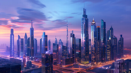 A futuristic city skyline at dusk, featuring sleek skyscrapers and glowing neon lights, evoking a sense of innovation and progress 