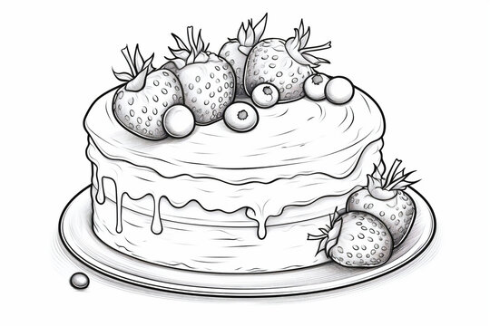 recommend clip art: An ink sketch showcases a cake with strawberries and blueberries on top, suggesting a theme of cake making or culinary arts. used in cookbooks or baking class materials.