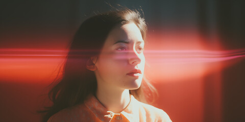Young woman illuminated by a vibrant red light, creating a dramatic and artistic visual effect