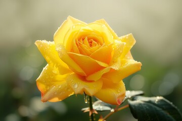 A bright yellow rose in full bloom, each petal highlighted with water droplets, against a hazy, undefined background that allows the flower's vivid color to take center stage.