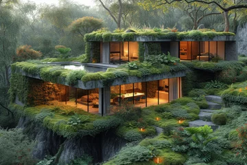 Photo sur Plexiglas Kaki A captivating image of a green-roofed building surrounded by native plants, illustrating the integration of sustainable architecture and landscaping for energy efficiency. Generative Ai.