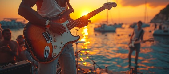 A lone musician serenades the tranquil waters as the sun sets, his strings echoing the melodies of...