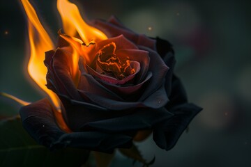 A close-up of a black rose with its petals gently kissed by flames, set against a dreamy, unfocused background that accentuates the drama of the fire against the dark petals.