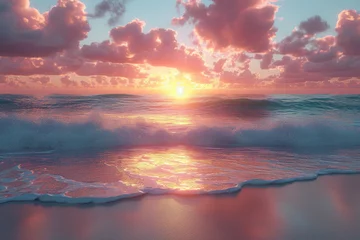 Photo sur Plexiglas Coucher de soleil sur la plage A virtual reality relaxation app that simulates a peaceful evening by the beach, complete with the sound of waves and a beautiful sunset. Concept of VR beach relaxation. Generative Ai.