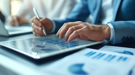 Fototapeta premium Business person analyzing financial statistics displayed on the tablet screen,business meeting, in the style of close-up shots, gesture driven