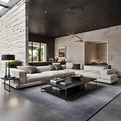 Fototapeta premium Image of living room space designed with white and black color scheme. generative AI.