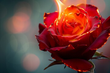 A close-up of a red rose with its petals alight, the flames delicately dancing along the edges, against a dreamy, unfocused background that accentuates the intensity of the fire.