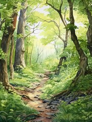 Watercolor Landscape: Ancient Sacred Groves, Countryside Art Inspired by Nature