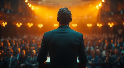 A confident man stands at the podium, commanding the attention of a darkened audience with his striking clothing and electrifying music at a concert - obrazy, fototapety, plakaty