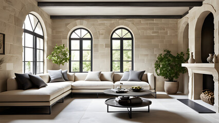 Image of a European living room with white brick walls, a bright floor, and a ceiling with visible rafters. Generative AI.