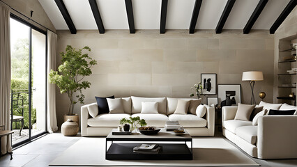 Image of a European living room with white brick walls, a bright floor, and a ceiling with visible rafters. Generative AI.