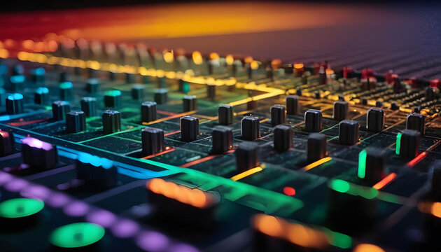 A close-up view of a colorful soundboard with knobs and buttons.