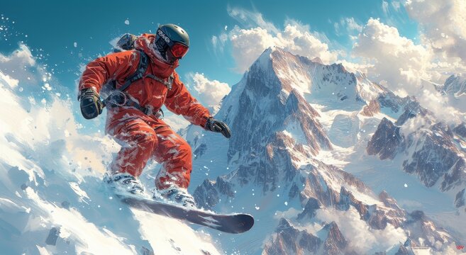 A daring adventurer soars through the snowy sky, riding their snowboard with precision and grace, fully equipped with a helmet and other necessary sports equipment for this extreme outdoor winter spo
