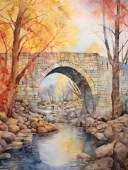 Watercolor Landscape: Old World Cobblestone Bridges and Riverside Painting - Vintage Art