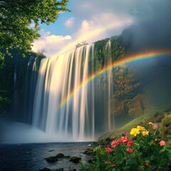Stunning views of waterfalls and rainbows in spring with lush plants complemented by reflections of sunlight on bright mornings, great for backgrounds, websites, advertisements etc. Generative Ai