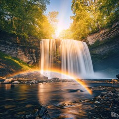 Stunning views of waterfalls and rainbows in spring with lush plants complemented by reflections of sunlight on bright mornings, great for backgrounds, websites, advertisements etc. Generative Ai