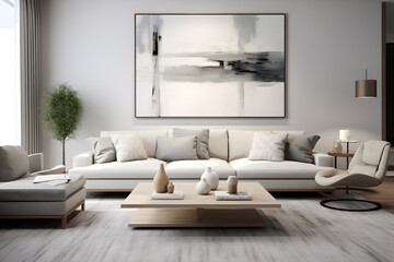 Interior of light living room with grey sofas, coffee table and large window, white design