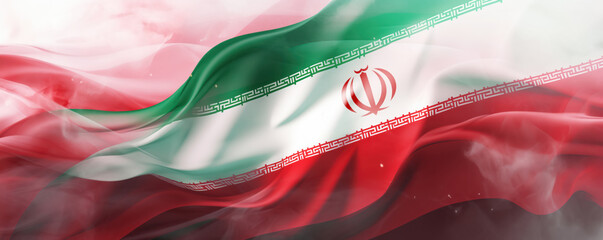 flying and waving fabric in the colors of the Iran Iranian emblem flag as wide graphic abstract banner for political or national government with empty copyspace - obrazy, fototapety, plakaty