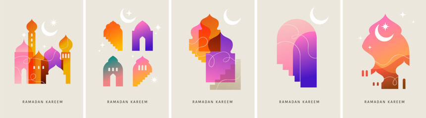 Collection of modern style Ramadan Mubarak colorful designs. Greeting cards set, backgrounds. Windows and arches with moon, mosque dome and lanterns