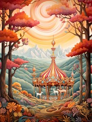 Enchanting Whimsical Carousel Landscape: Scenic Prints for Forest Wall Art