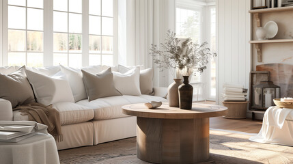 Obraz na płótnie Canvas Elegant and Modern Living Room Interior with Natural Light and Neutral Tones