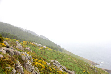 Photograph from a hill on a cloudy day with fog.