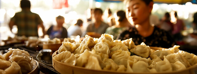 The beauty and deliciousness of a mouthwatering Chinese dumplings in a restaurant. Balance of savory, spicy, or sweet flavors. Generative ai.