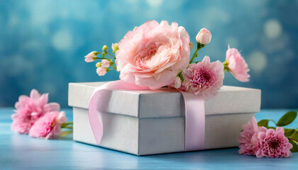 Mothers day or Womens Day gift. Pink flowers and gift box on blue background. 