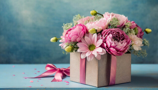 Mothers Day flowers in gift box on blue background, copy space .