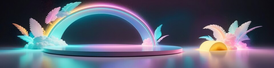 Glowing podium in neon soft colors decorated with abstract elements. Background and empty showcase for product presentation. - obrazy, fototapety, plakaty