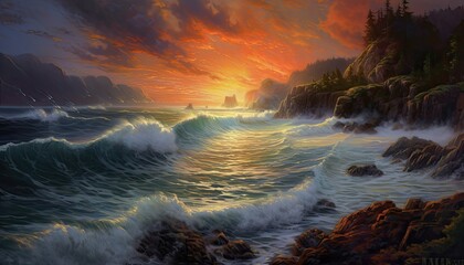 Fototapeta na wymiar Coastal scene with rocky cliffs and crashing waves against a colorful sky.