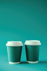 Two paper coffee cups on a turquoise background