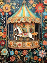Whimsical Carousel Rides Print: Vintage Art for Farmhouse Decor