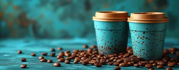 Coffee cups with coffee beans on turquoise background