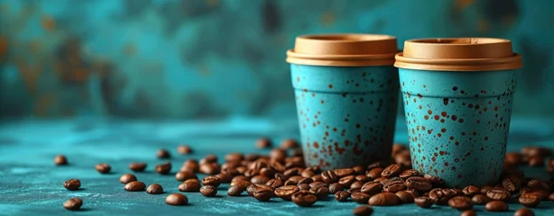 Poster Koffiebar Coffee cups with coffee beans on turquoise background