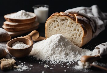 Bag with flour and sifting flour on black background Cooking baking cooking bread concept with flour powder