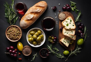 Olives red wine ciabatta bread cheese oil herbs and spices on black stone background Mediterranean...