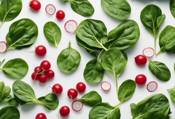 Pattern of spinach and vegetables isolated Spinach leaves and radish on white background Creative food concept - obrazy, fototapety, plakaty