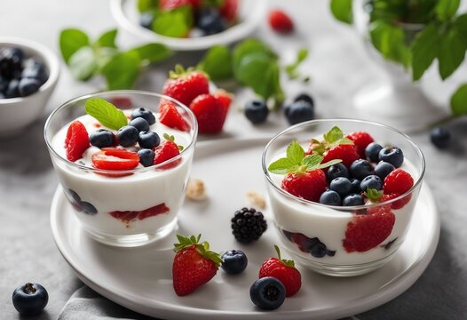 Fresh yogurt Breakfast with yogurt with fruits and berries Healthy food concept for great start of the day