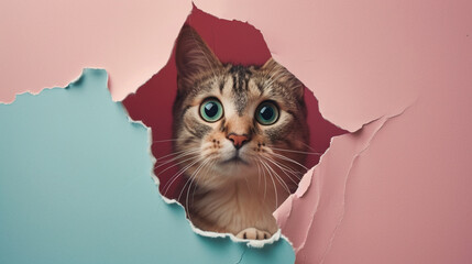 Funny cat looks through ripped hole in pastel color paper background. Peekaboo. AI Generative